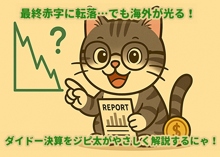 メガネを掛けた猫がレポートを持って株価チャートを指差している画像