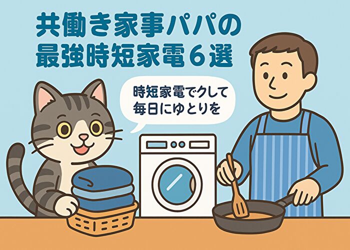 エプロン姿のパパが料理をしながら、隣でジピ太という猫のキャラクターが洗濯物を持って時短家電の便利さを語るイラスト。「共働き家事パパの最強時短家電6選」のタイトルと、「時短家電でラクして毎日にゆとりを」の吹き出しがある。