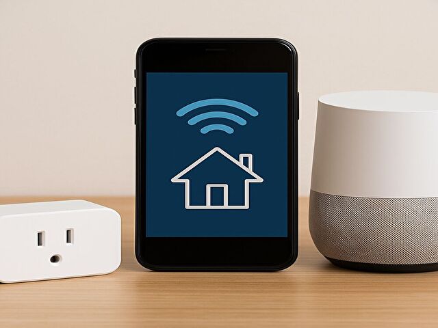 木製のテーブルに、スマートフォン、スマートプラグ、スマートスピーカーが並んで置かれている。スマートフォンの画面には家のマークとWi-Fiアイコンが表示されており、スマートホームの利便性を表現した構図。