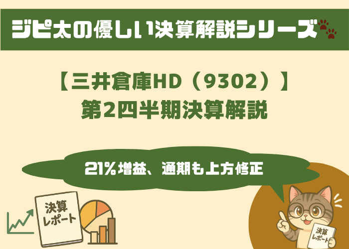 ジピ太の優しい決算解説シリーズ。【三井倉庫ホールディングス（9302）】2026年3月期第2四半期決算解説：21％増益、通期も上方修正！とメガネをかけた猫キャラのジピ太がレポートを指差しながら解説。左下には決算レポートや株価上昇グラフ、円グラフと棒グラフのアイコンあり。