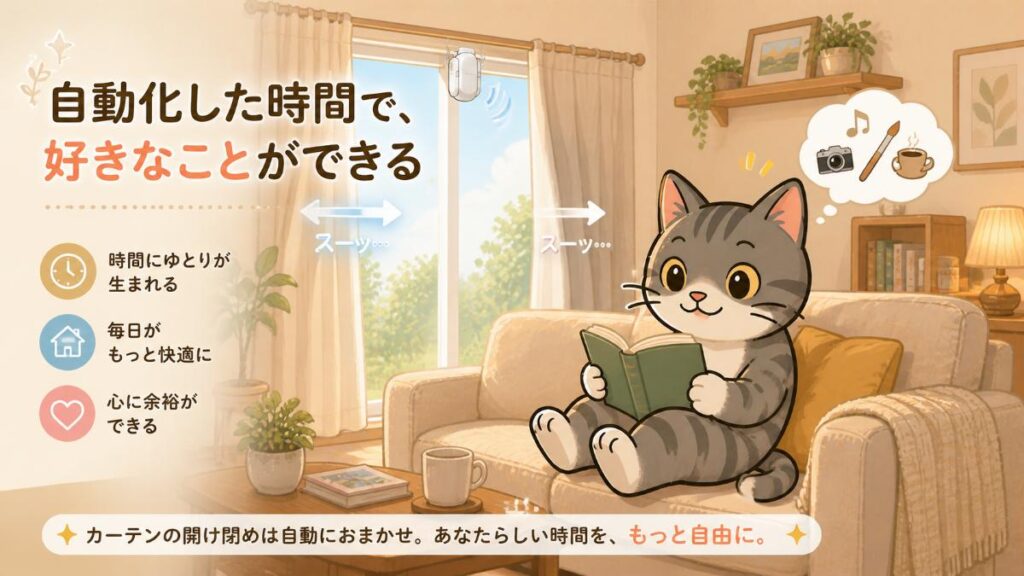ジピ太がソファで本を読みながらくつろぎ、自動で動くカーテンのある快適な生活を表現したイラスト