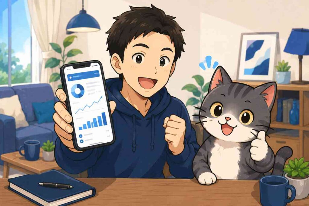 SBI証券でNISA投資を始めるイメージのイラスト。投資アプリを見せるパパとサムズアップするジピ太の初心者向けシーン