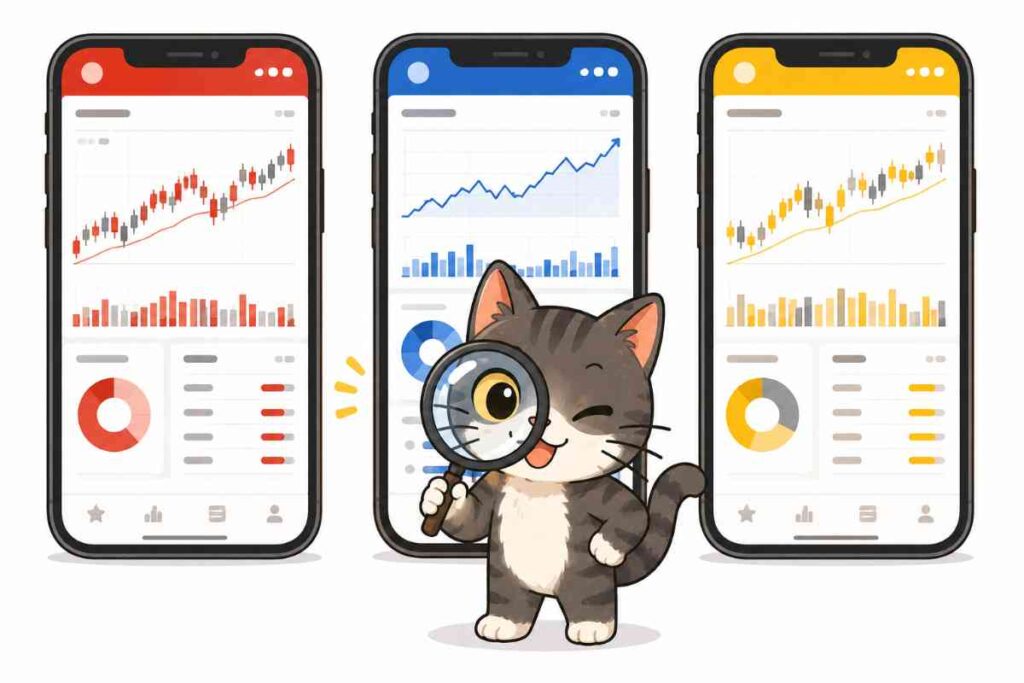 ネット証券を比較するイラスト。3つの株取引アプリを虫眼鏡でチェックするジピ太と投資アプリ比較のイメージ