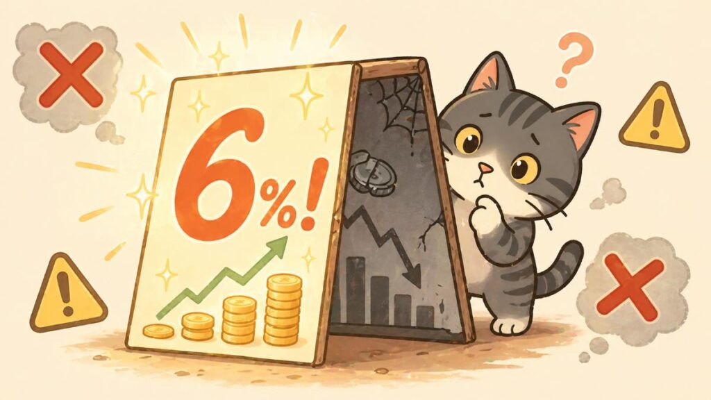 利回り6％の高配当株の裏側リスクを表現したイラスト。株価下落の影に気づくジピ太と配当利回りの注意点