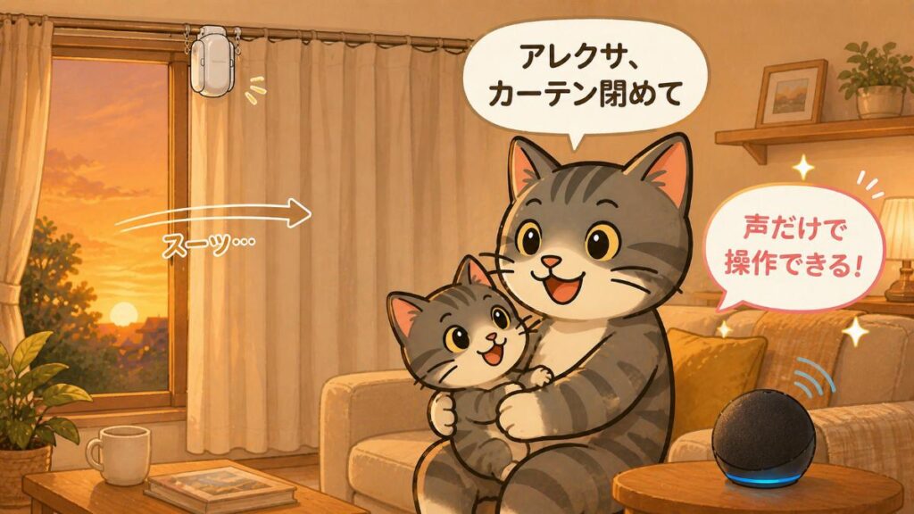 子猫を抱っこしたジピ太が音声でカーテンを閉め、夕暮れの部屋で自動操作している様子
