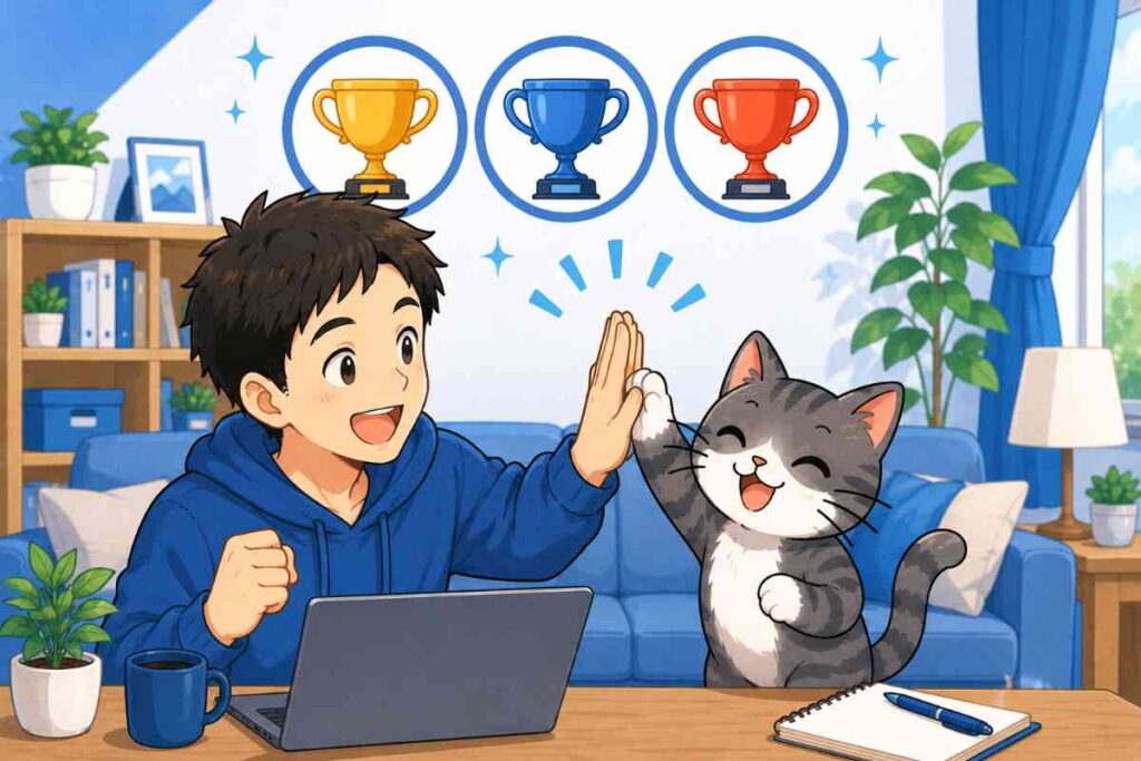 ネット証券選びに成功したイメージ。パパとジピ太がハイタッチし、3つの証券会社を表すトロフィーが並ぶ投資初心者向けシーン