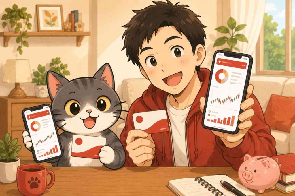 楽天ポイント投資をイメージしたイラスト。楽天カラーのスマホ投資アプリとポイントカードを持つパパとジピ太が笑顔で並ぶシーン