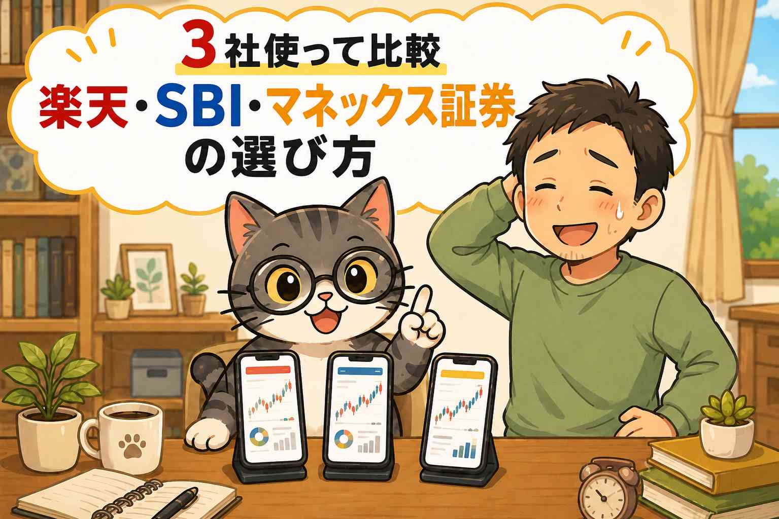 楽天証券・SBI証券・マネックス証券の違いを比較するイラスト。3社の株アプリを見比べながらネット証券の選び方を紹介する初心者向け投資シーン